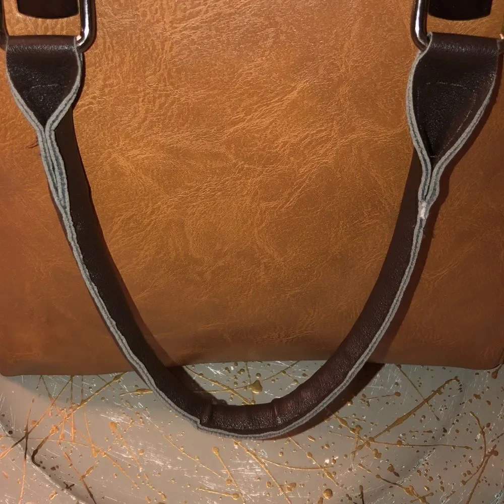 Faux Leather Satchel in Caramel Brown Combo with detailed zippers